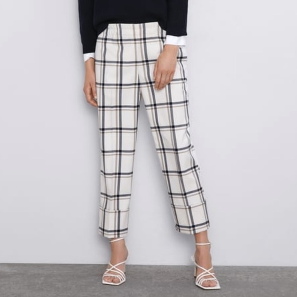 Zara High Waist Wide Leg Plaid Trouser 